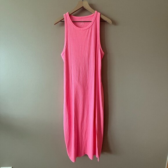 Women's XL Aerie Neon Pink Open Back Summer Dress Wide Ribbed - Picture 2 of 8